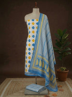 White with Ocean Blue and Yellow spade printed cotton dress material