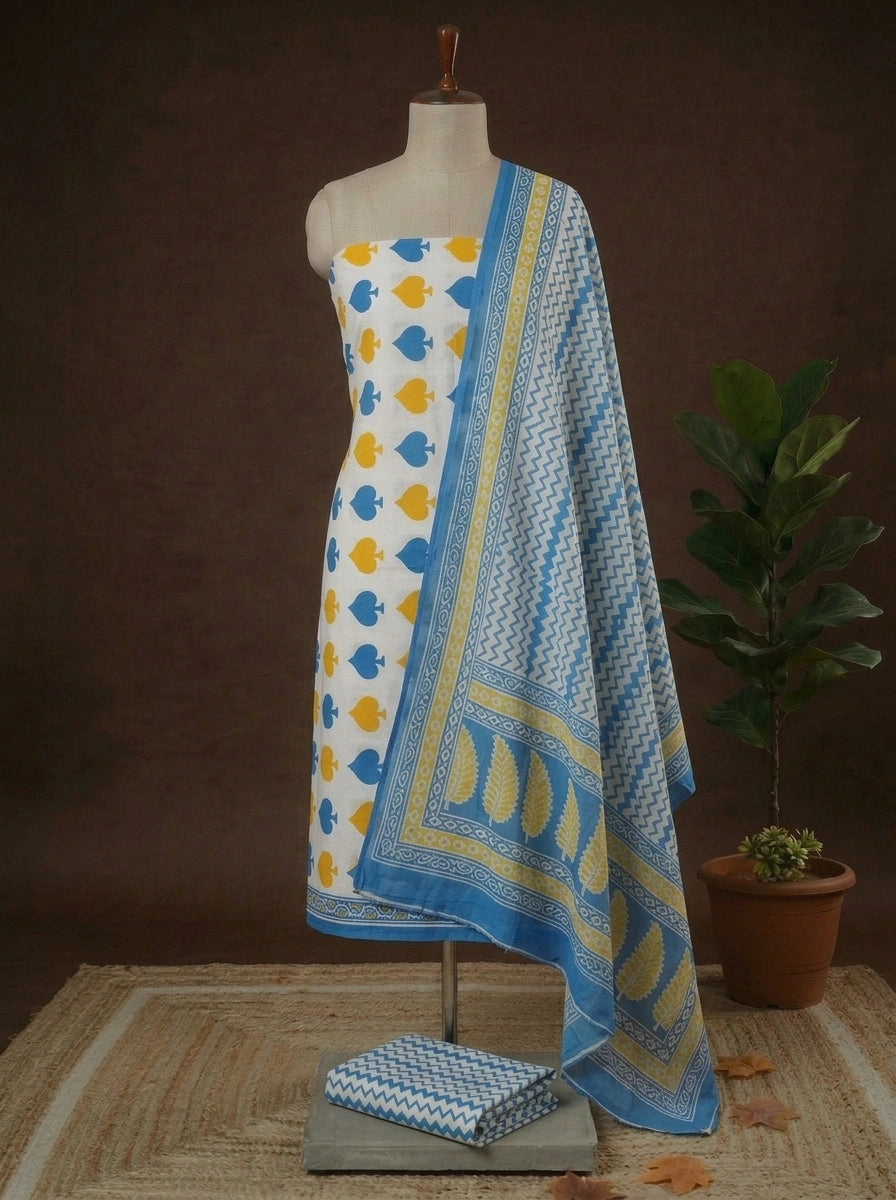 White with Ocean Blue and Yellow spade printed cotton dress material