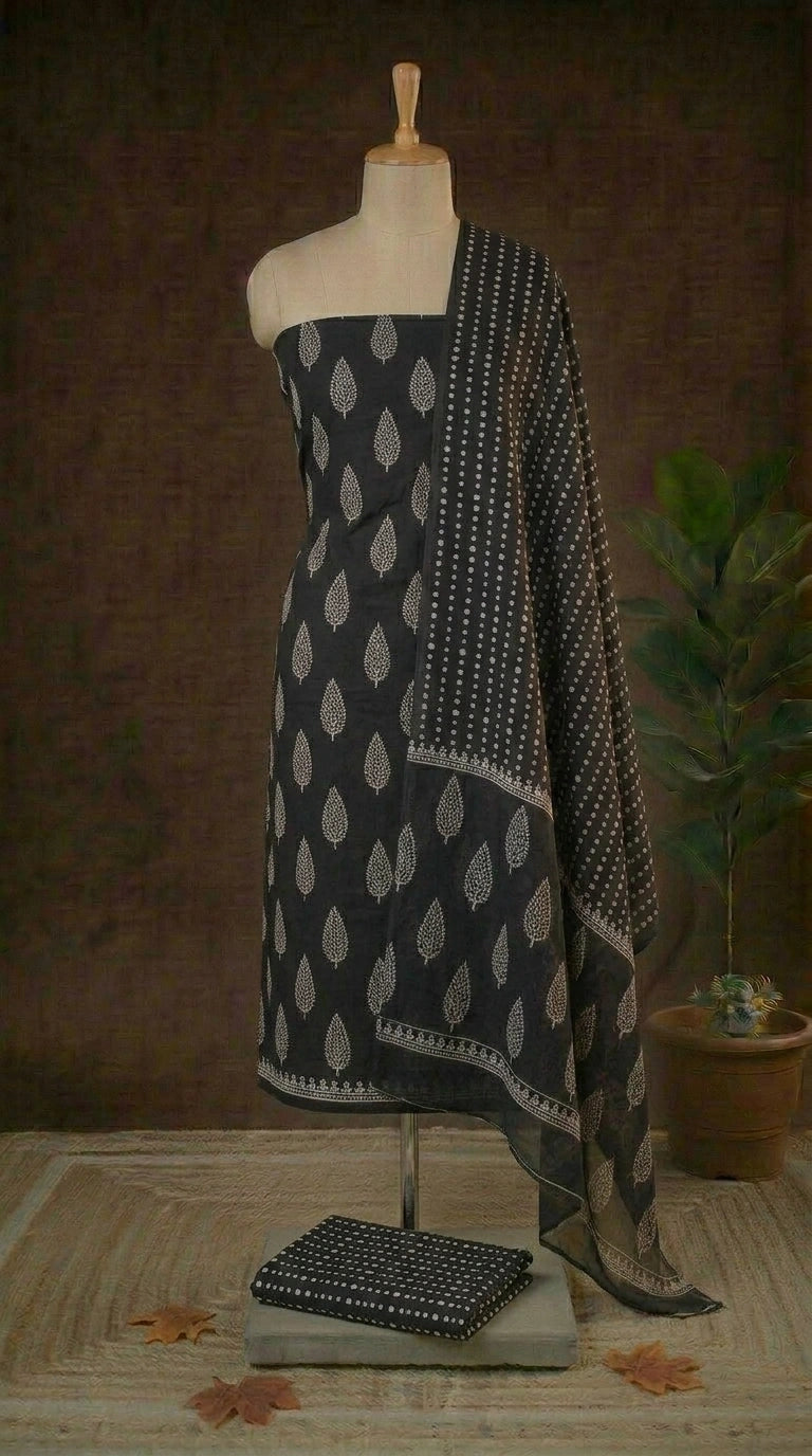 Black with White block printed cotton dress material