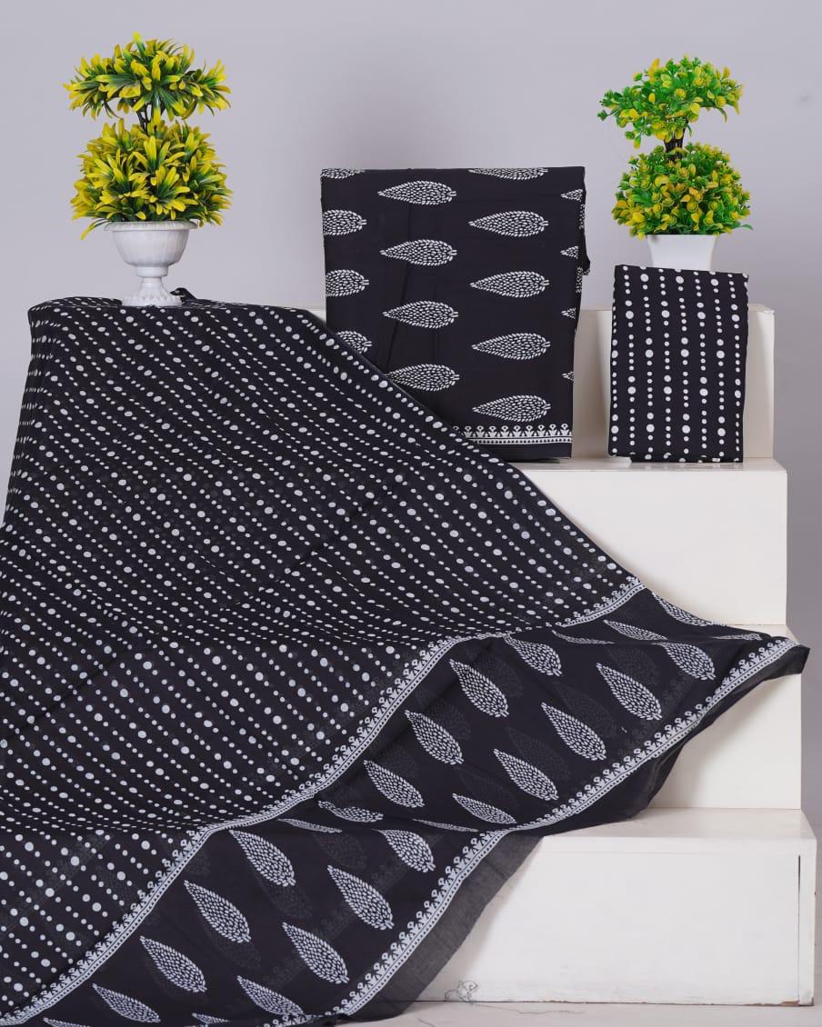 Black with White block printed cotton dress material