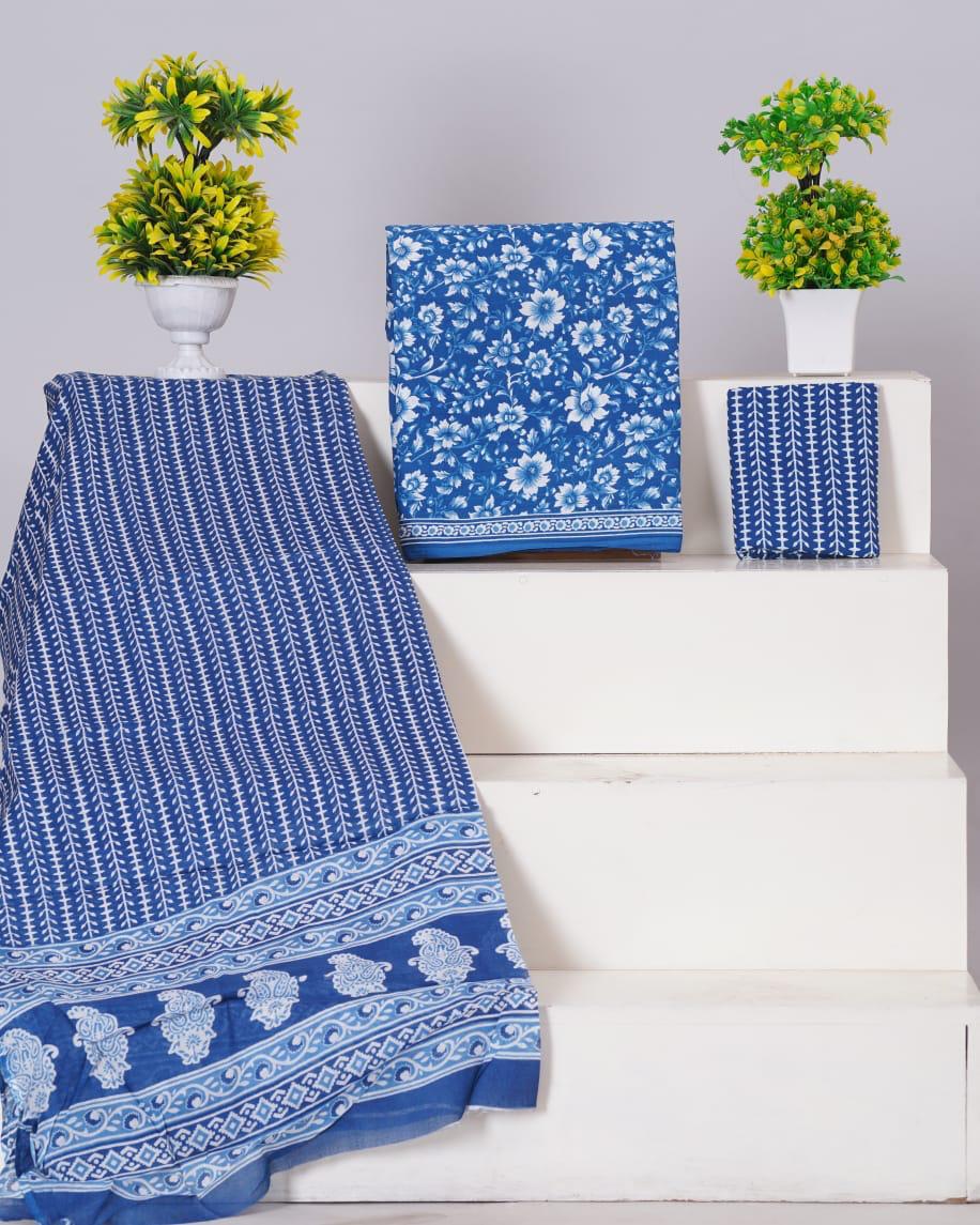 Ocean Blue with white flower printed cotton dress material