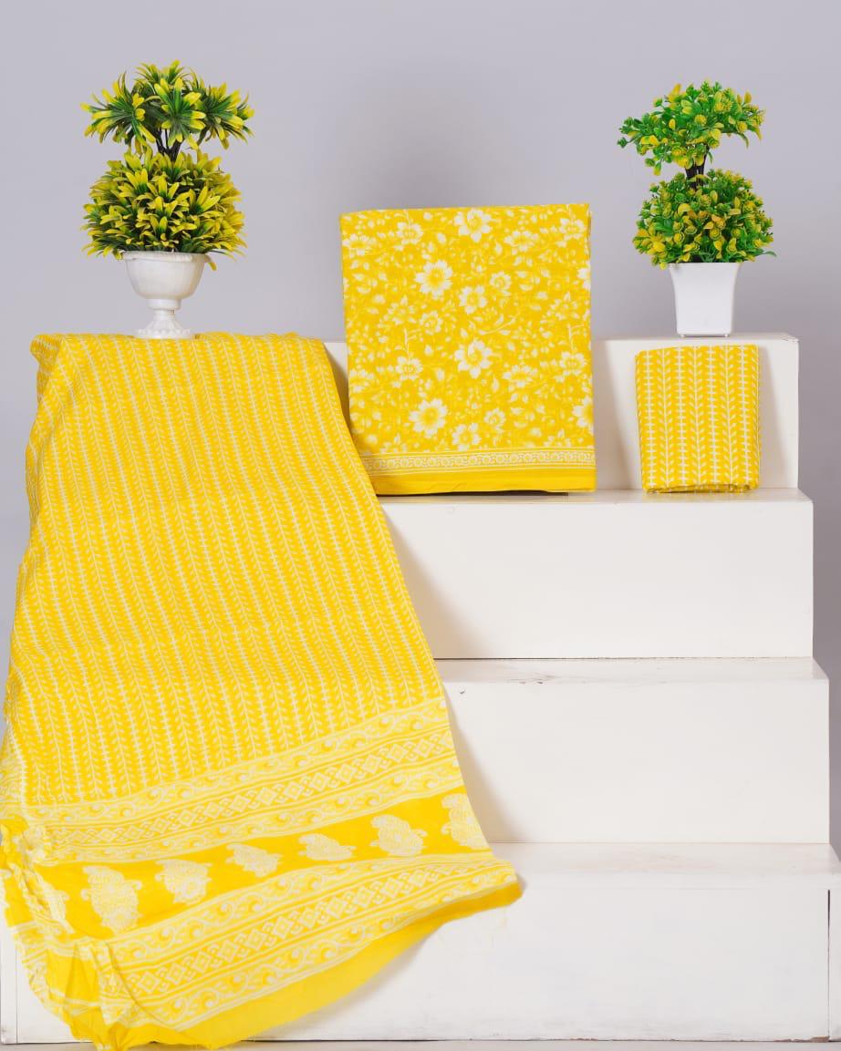Bright Yellow with White flower printed cotton dress material