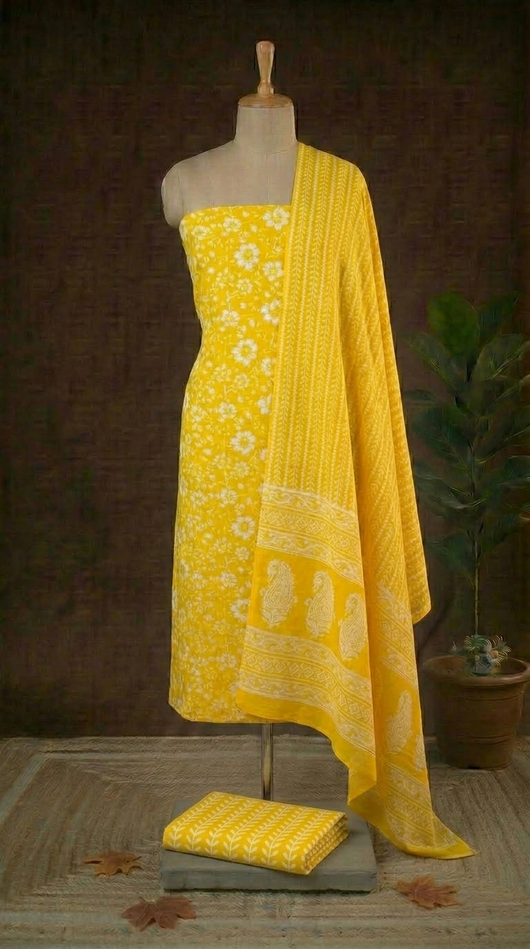 Bright Yellow with White flower printed cotton dress material