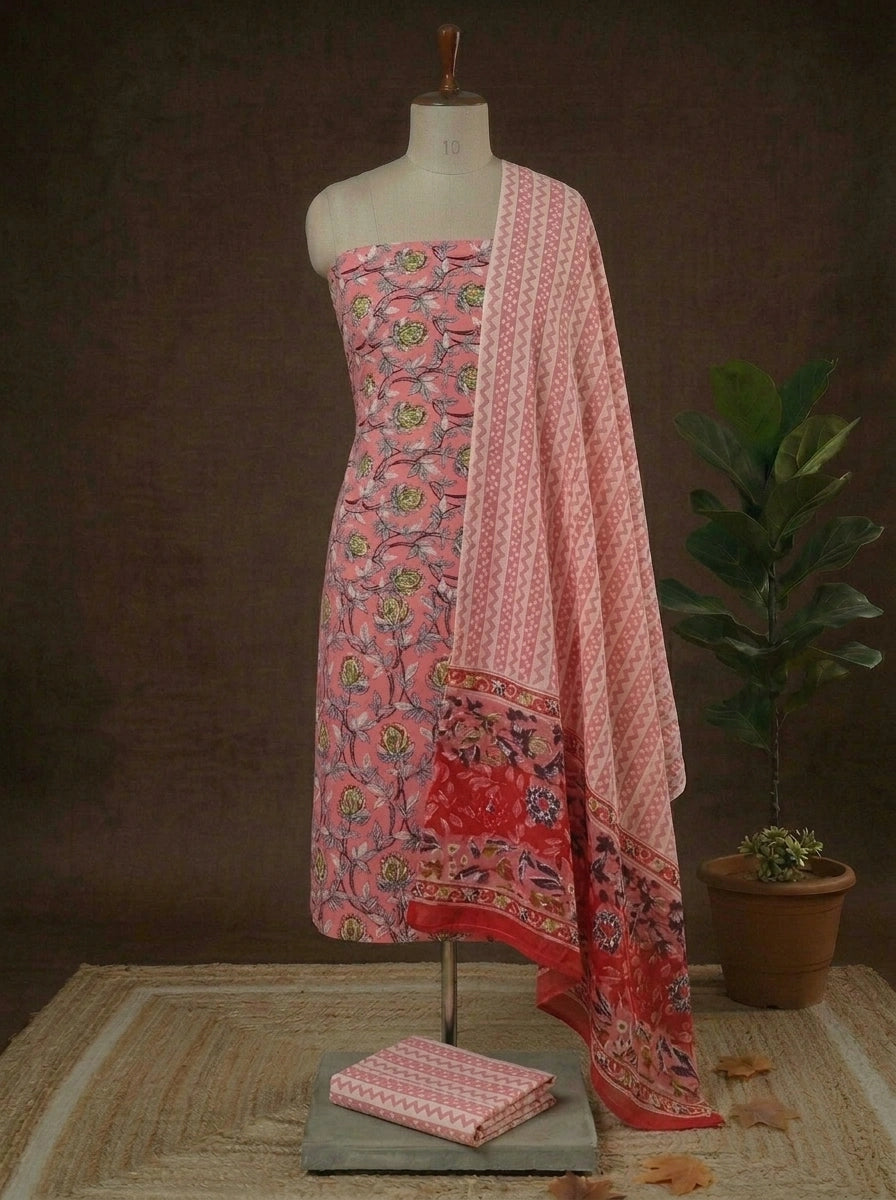Rose pink cotton dress material