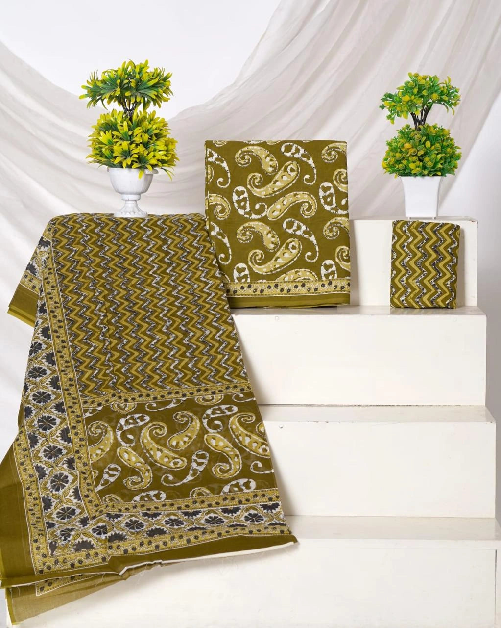 Shop Pure Olive green cotton dress material online at the best price 