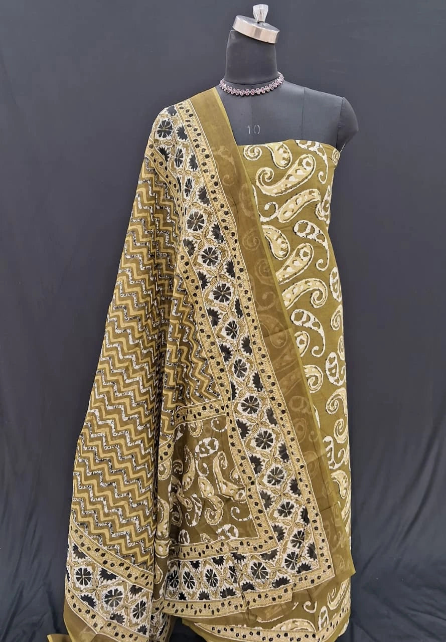 Shop Pure Olive green cotton dress material online at the best price 