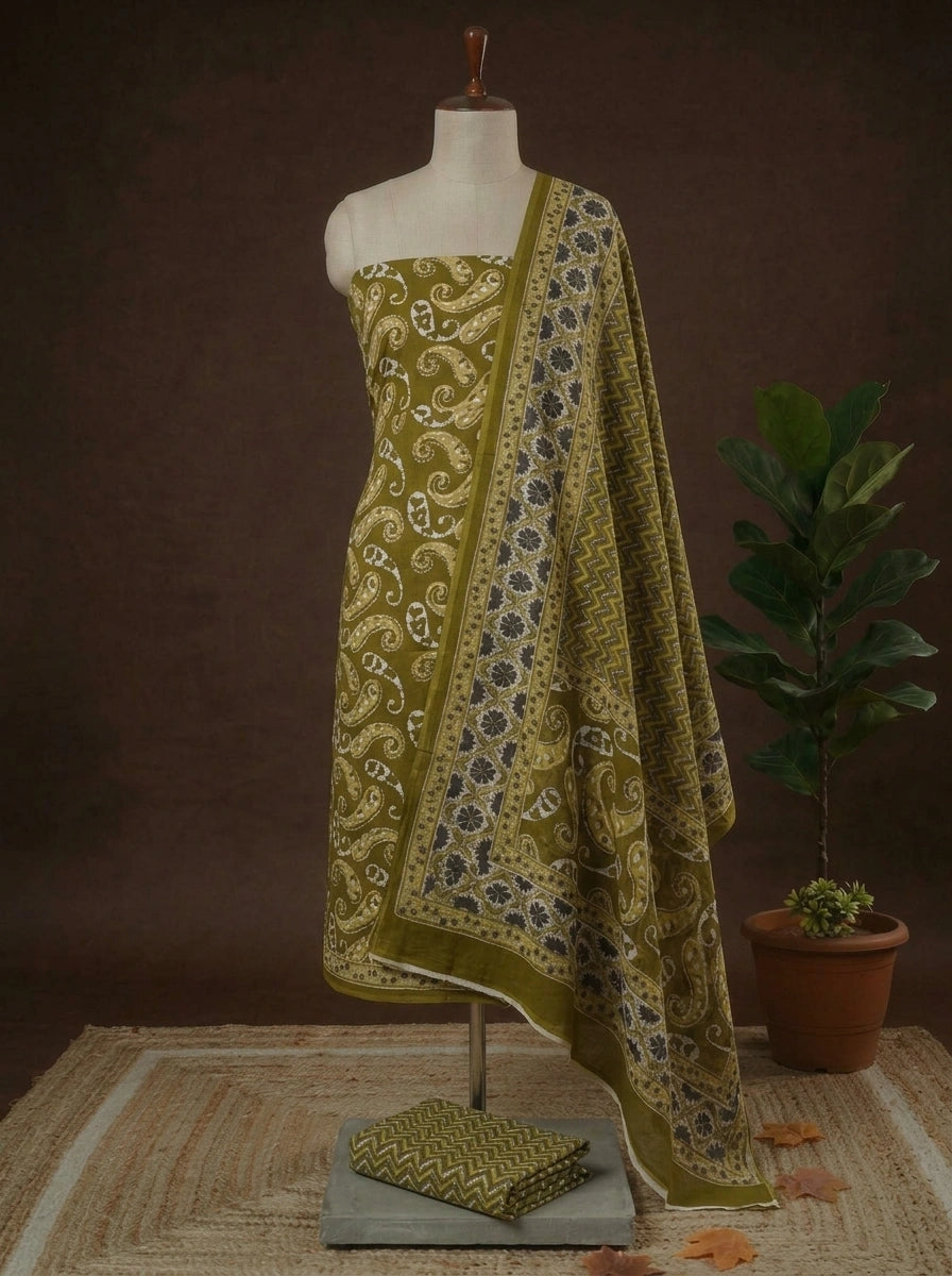 Olive green cotton dress material