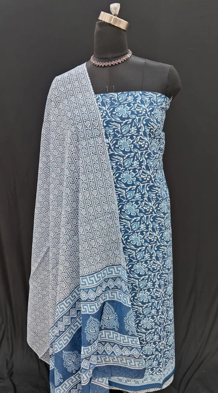 Shop Pure Blue cotton dress material online at best price 