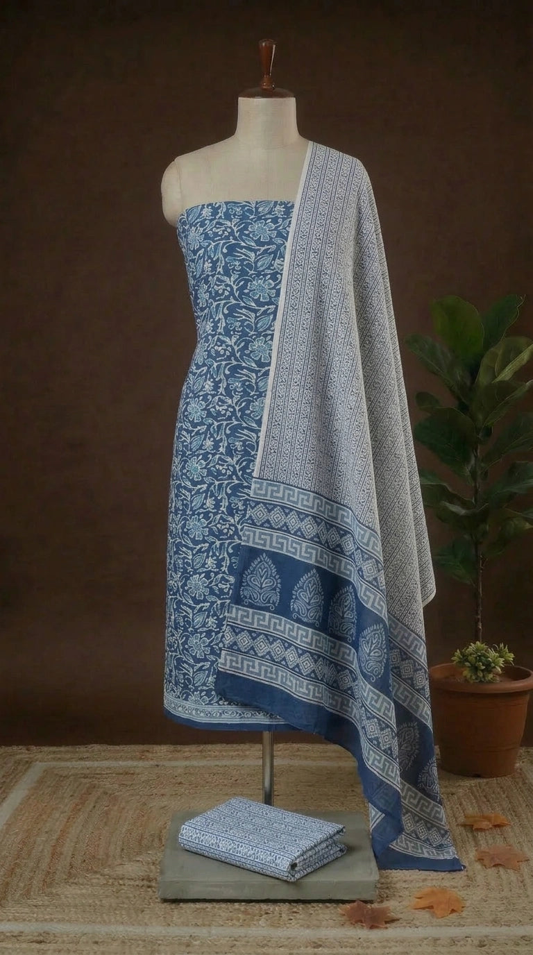 Shop Pure Blue cotton dress material online at best price 