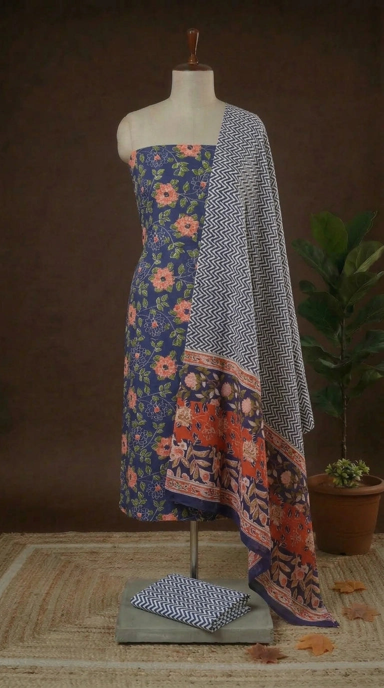Shop Deep blue cotton dress material online 