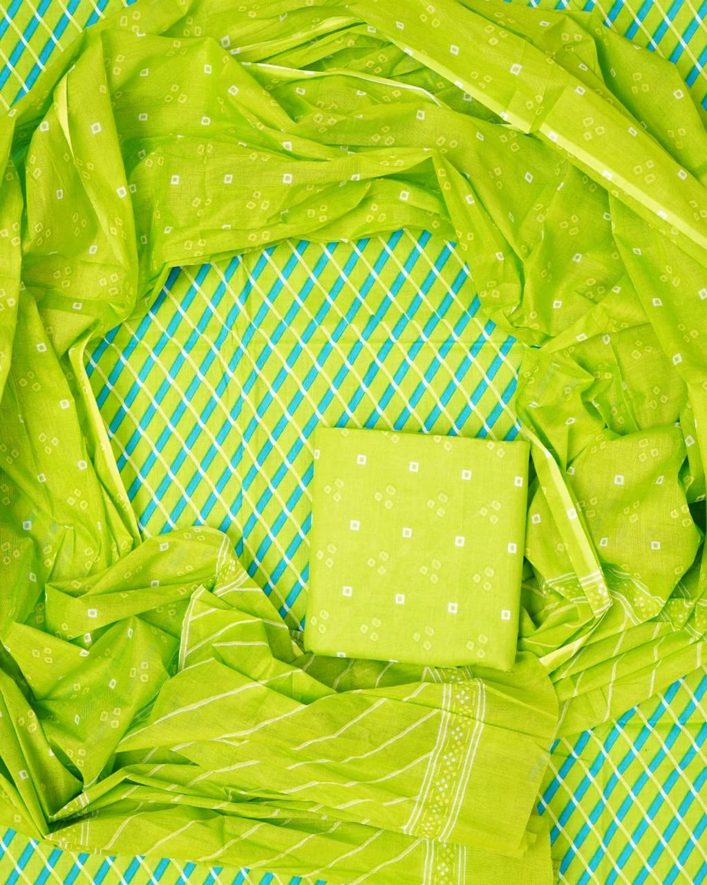 Parrot green cotton dress material