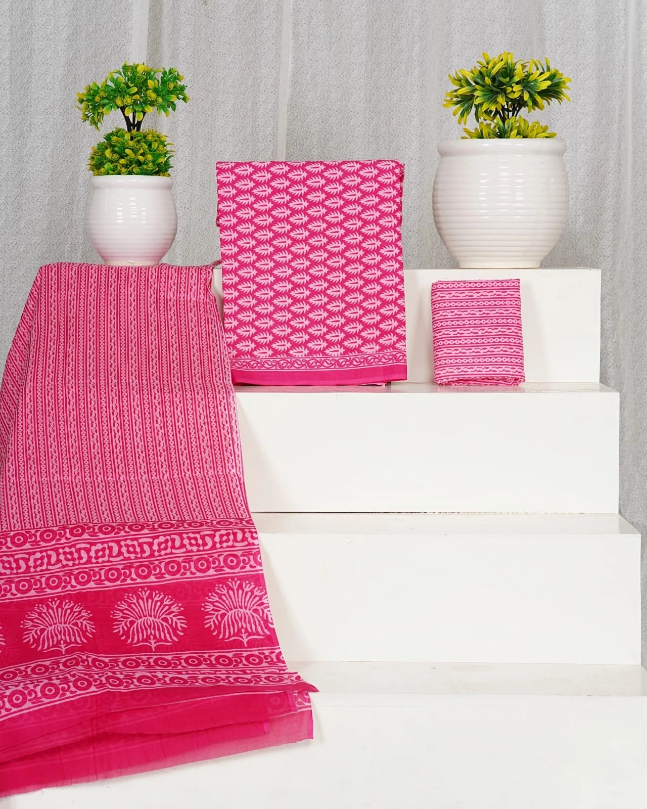 Pink Cotton Dress Material with White Floral Print