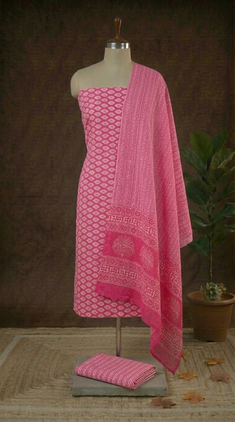 Pink Cotton Dress Material with White Floral Print 1