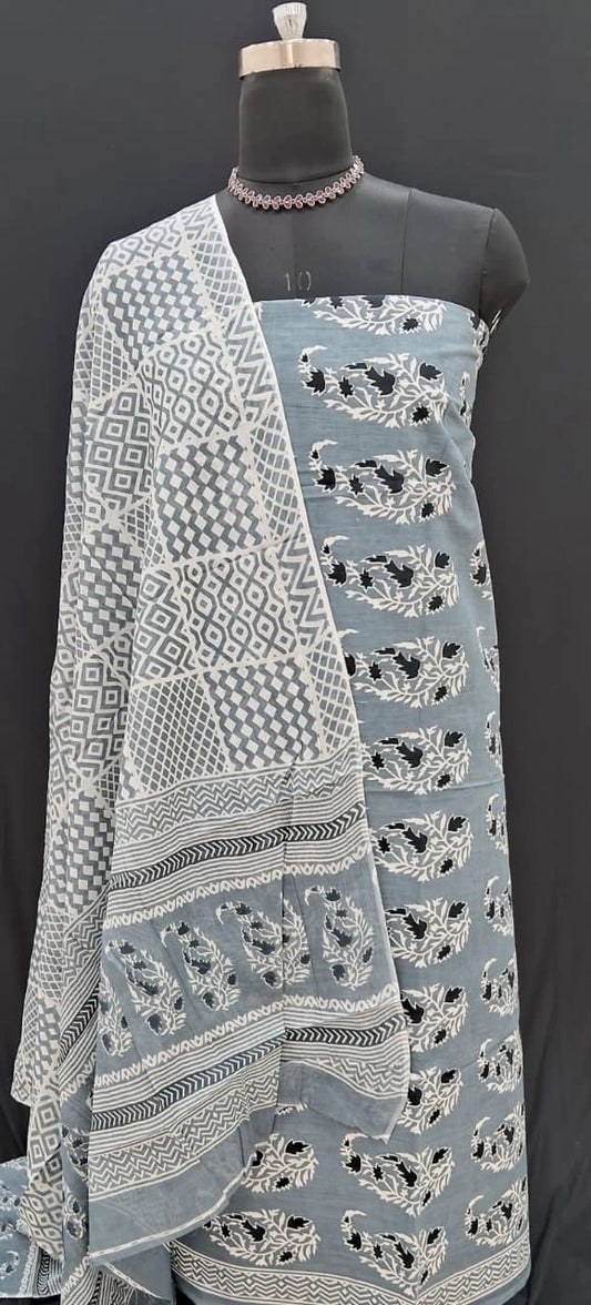 Pure Metal grey cotton dress material online 