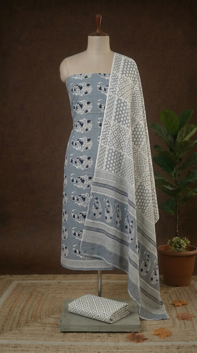 Pure Metal grey cotton dress material online 