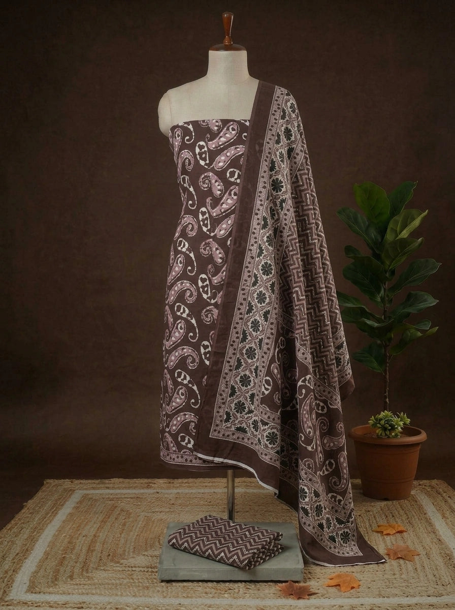 Buy Walnut Brown Cotton dress material online at the best price 