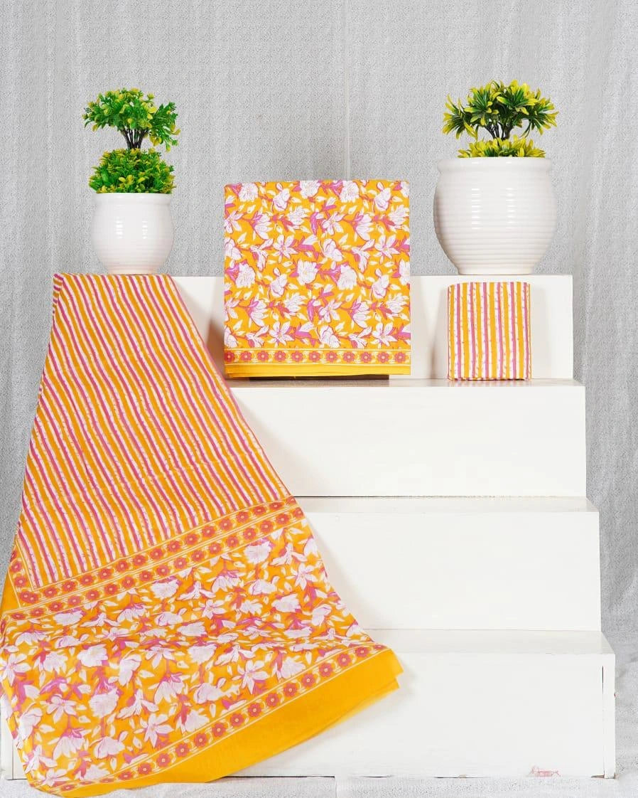 Mango yellow with white and pink floral prints cotton dress material