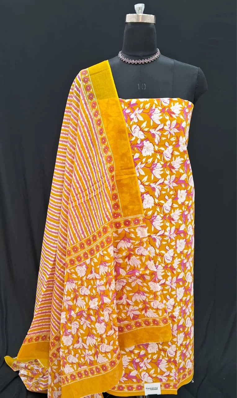Mango yellow with white and pink floral prints cotton dress material