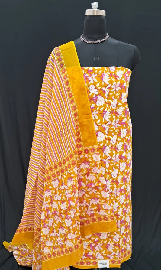 Mango yellow with white and pink floral prints cotton dress material