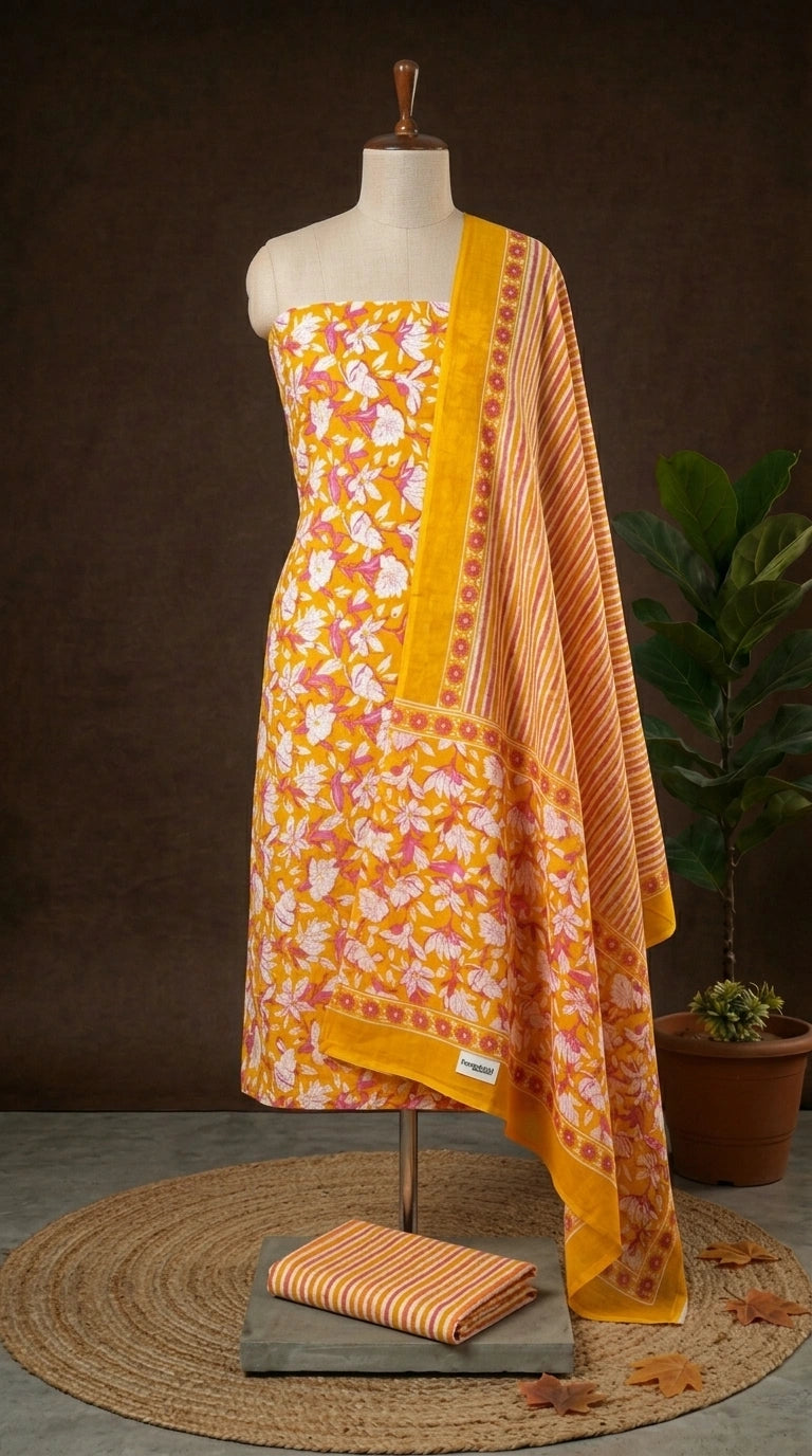 Mango yellow with white and pink floral prints cotton dress material