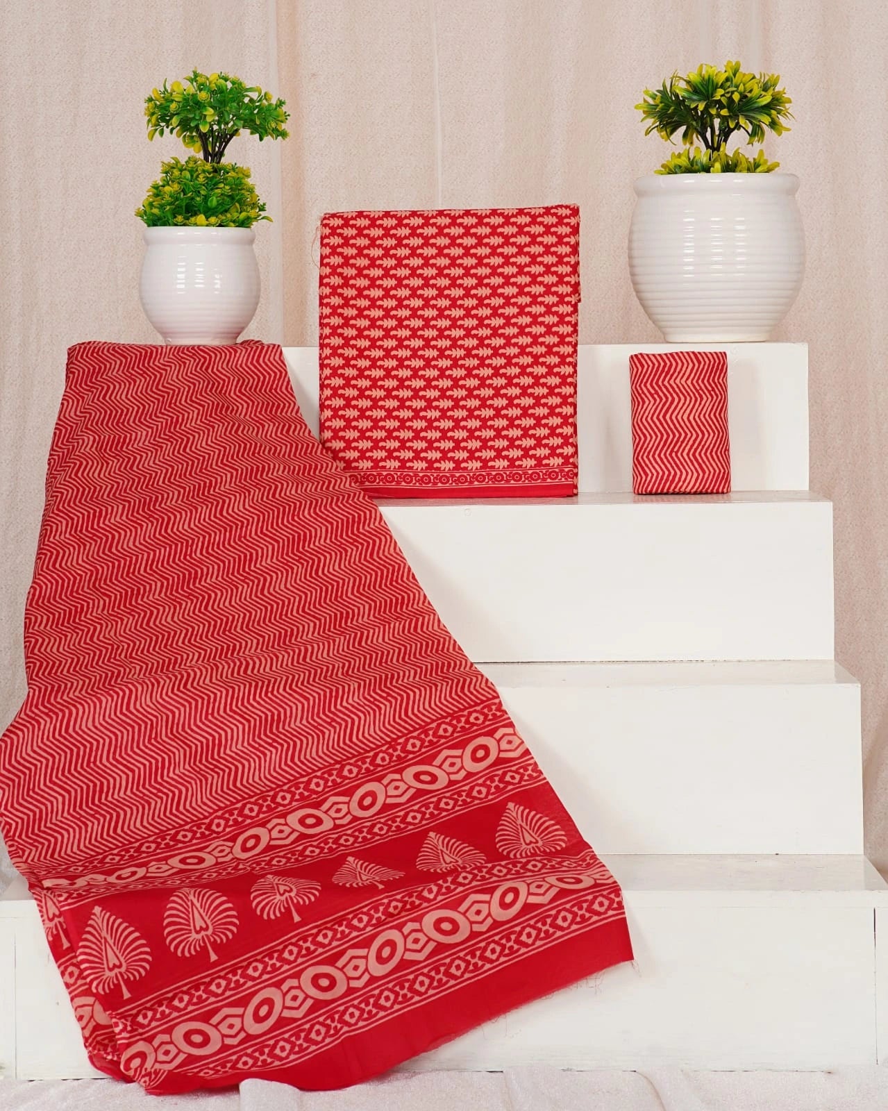 Fire red with cream floral motifs cotton dress material