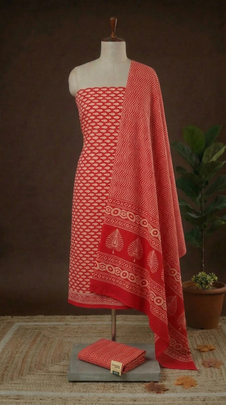 Pure Fire red with cream floral motifs cotton dress material online 