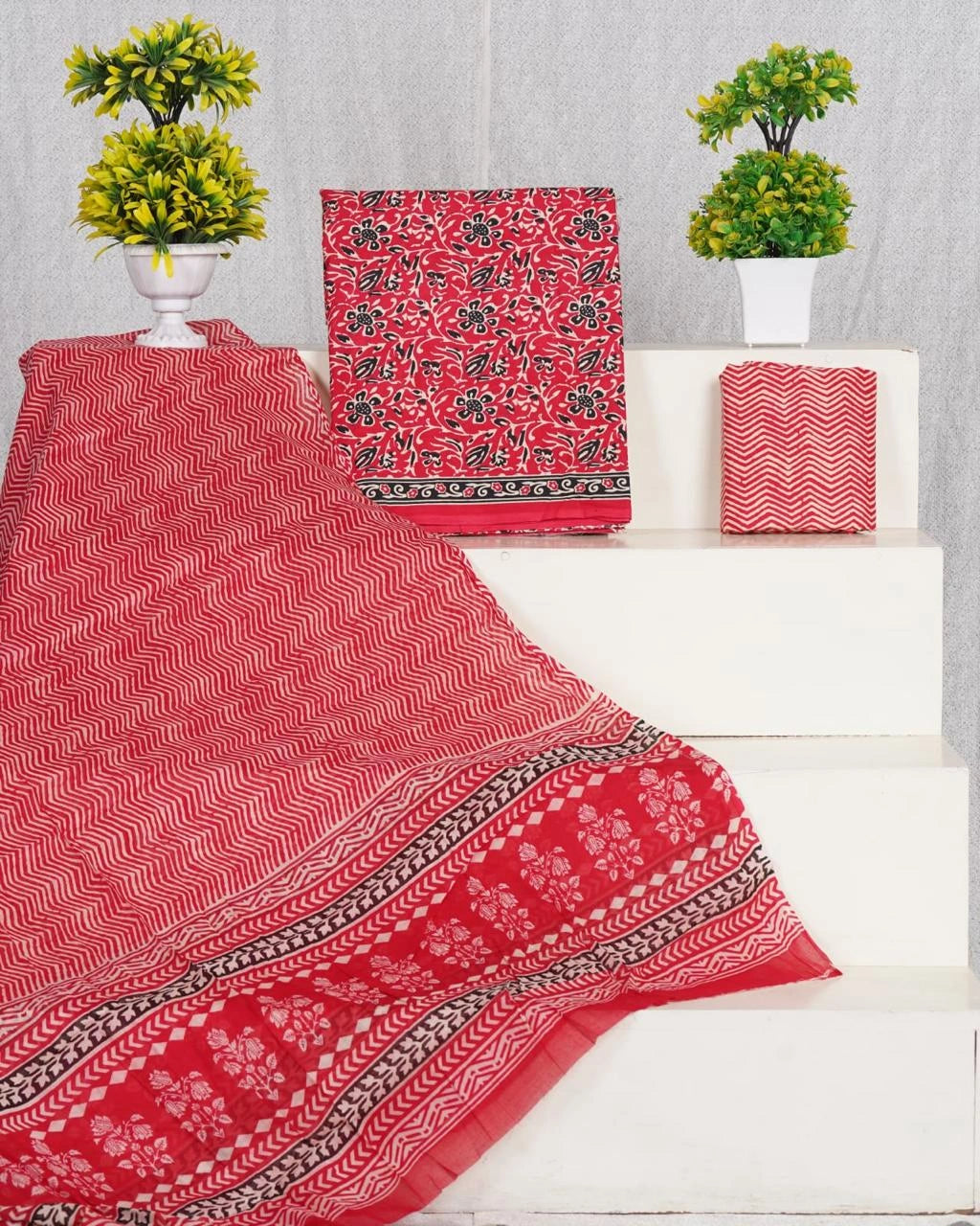 Tomato Red Cotton Dress Material with Black & White Floral Prints1