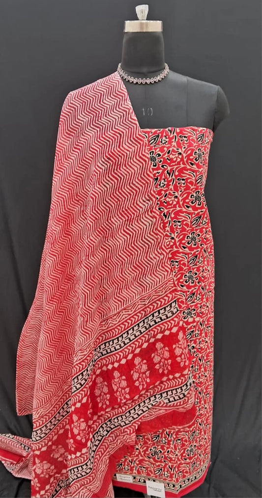Tomato red Tomato Red Cotton Dress Material with Black & White Floral Prints
