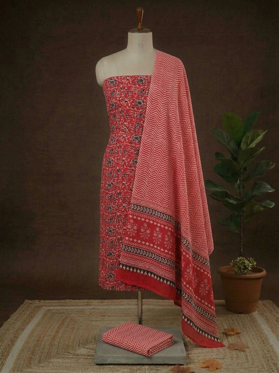 Tomato red Tomato Red Cotton Dress Material with Black & White Floral Prints