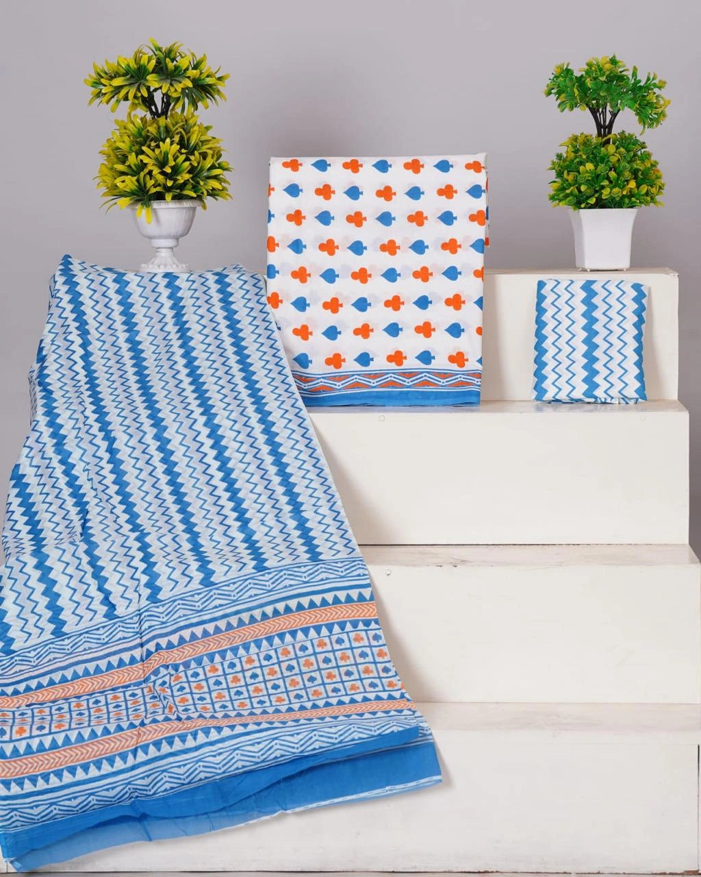 White with Blue and Orange block printed cotton dress material 1