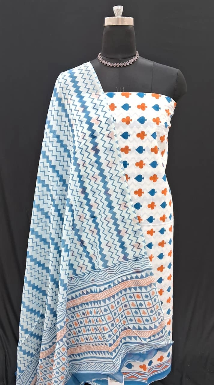 White with Blue and Orange block printed cotton dress material
