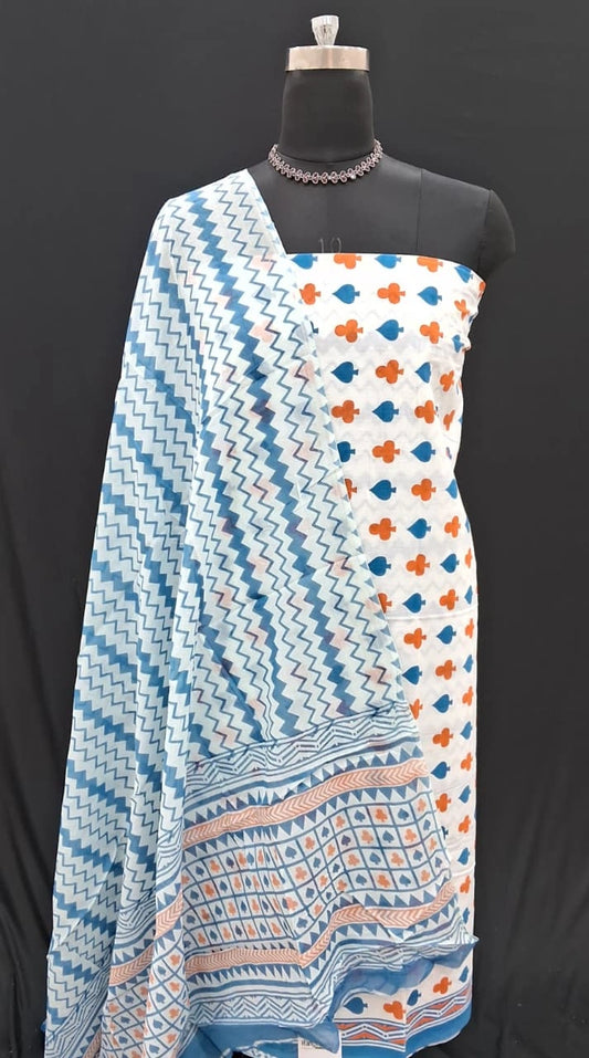 White with Blue and Orange block printed cotton dress material