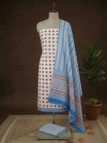 White with Blue and Orange block printed cotton dress material 