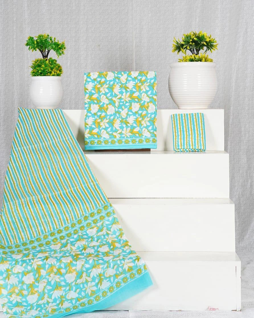 Sky blue with white and mehandi green cotton dress material