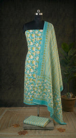 Sky blue with white and mehandi green cotton dress material