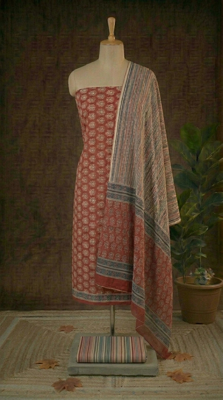 Brick Red with Light blue flower printed cotton dress material online