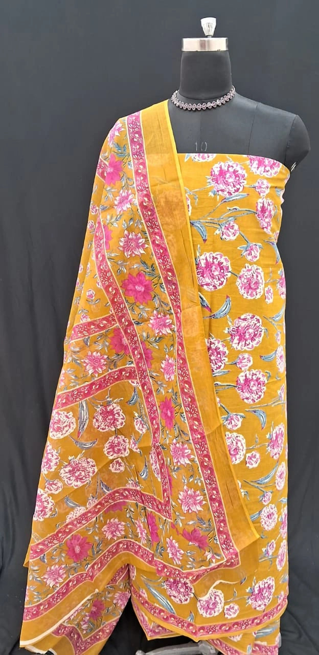 Mango yellow with white, pink, and blue floral prints cotton dress material