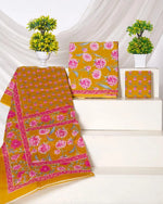 Mango yellow with white, pink, and blue floral prints cotton dress material