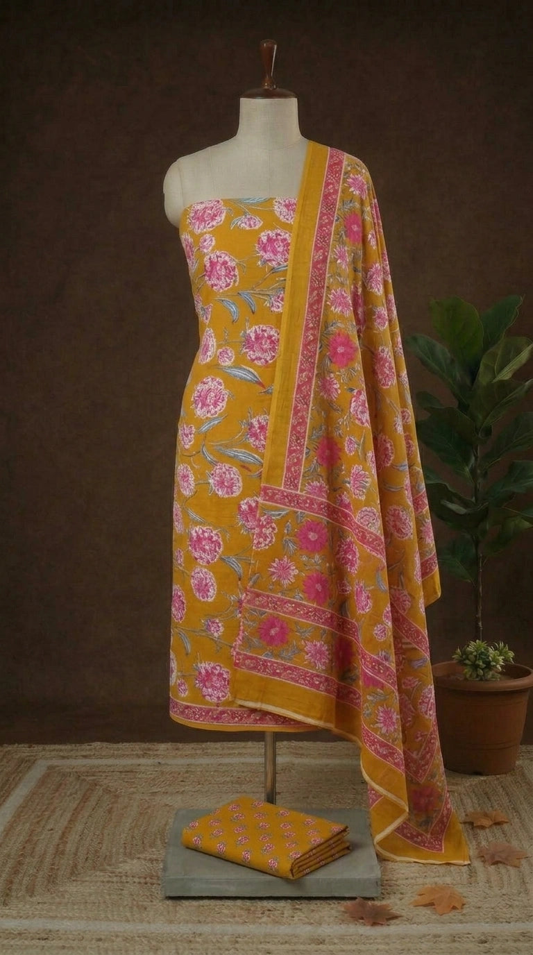 Mango yellow with white, pink, and blue floral prints cotton dress material