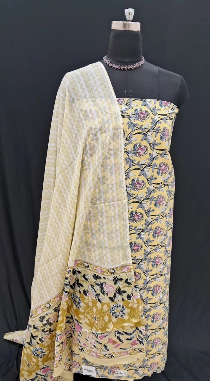 Buy Pure Light yellow cotton dress material online 