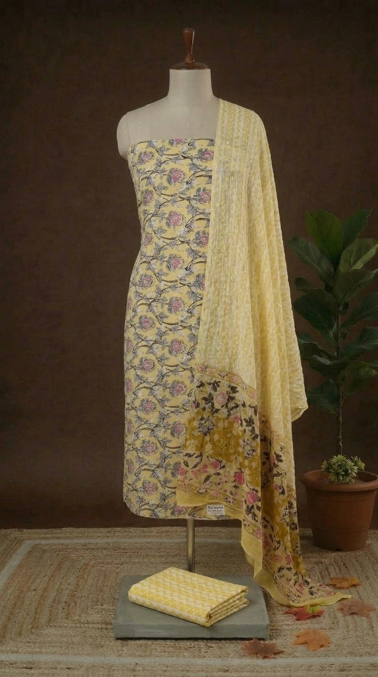 Buy Pure Light yellow cotton dress material online 
