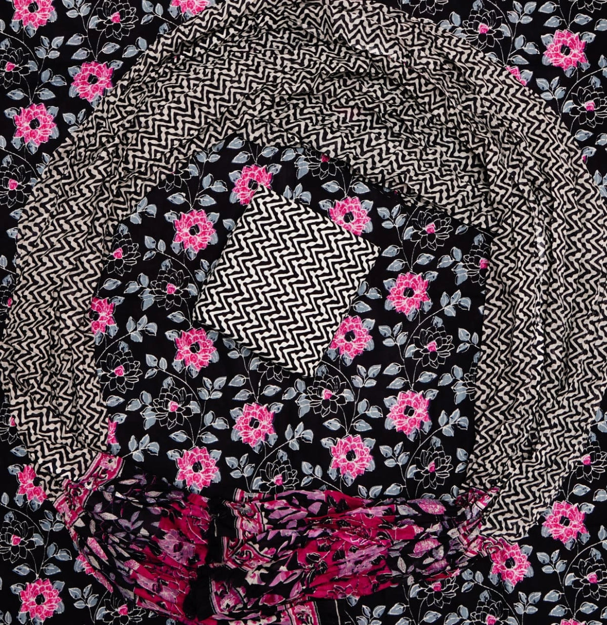 Shop Black Cotton Dress Material with Pink and Sky Blue Floral Prints 