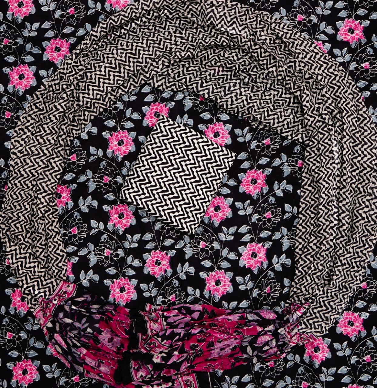 Shop Black Cotton Dress Material with Pink and Sky Blue Floral Prints 
