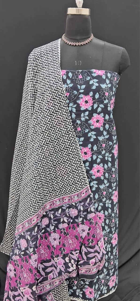 Black Cotton Dress Material with Pink and Sky Blue Floral Prints