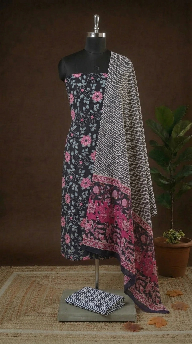 Black Cotton Dress Material with Pink and Sky Blue Floral Prints