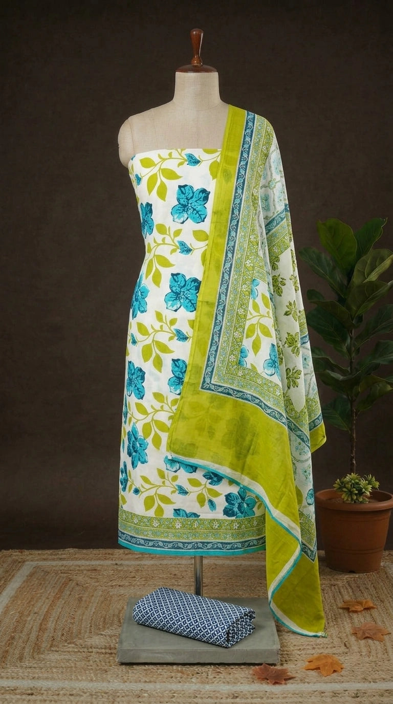 Shop Elegant Pearl White Cotton dress material online 