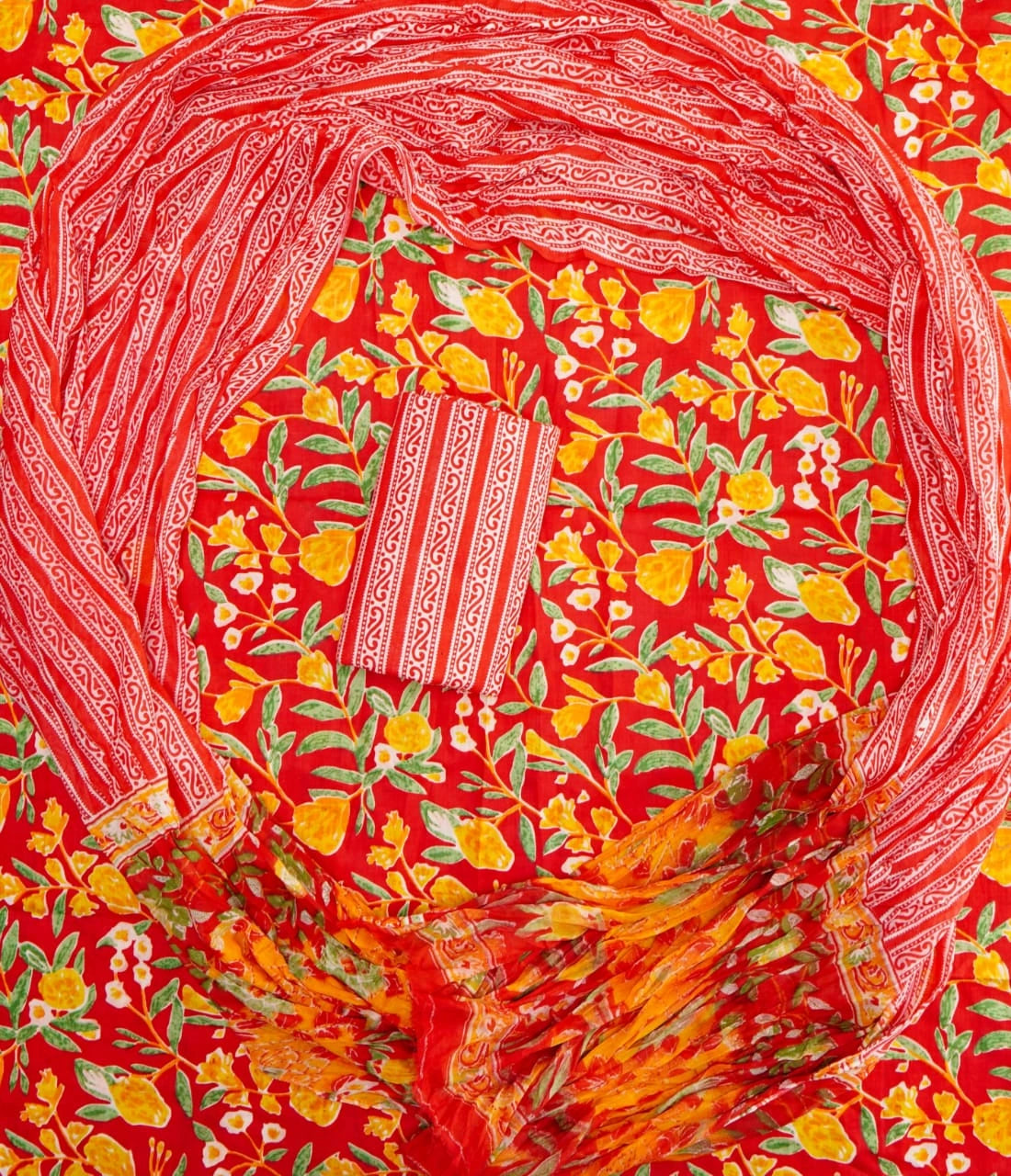 Tomato Red Cotton dress material with Yellow & Green Floral Prints online 