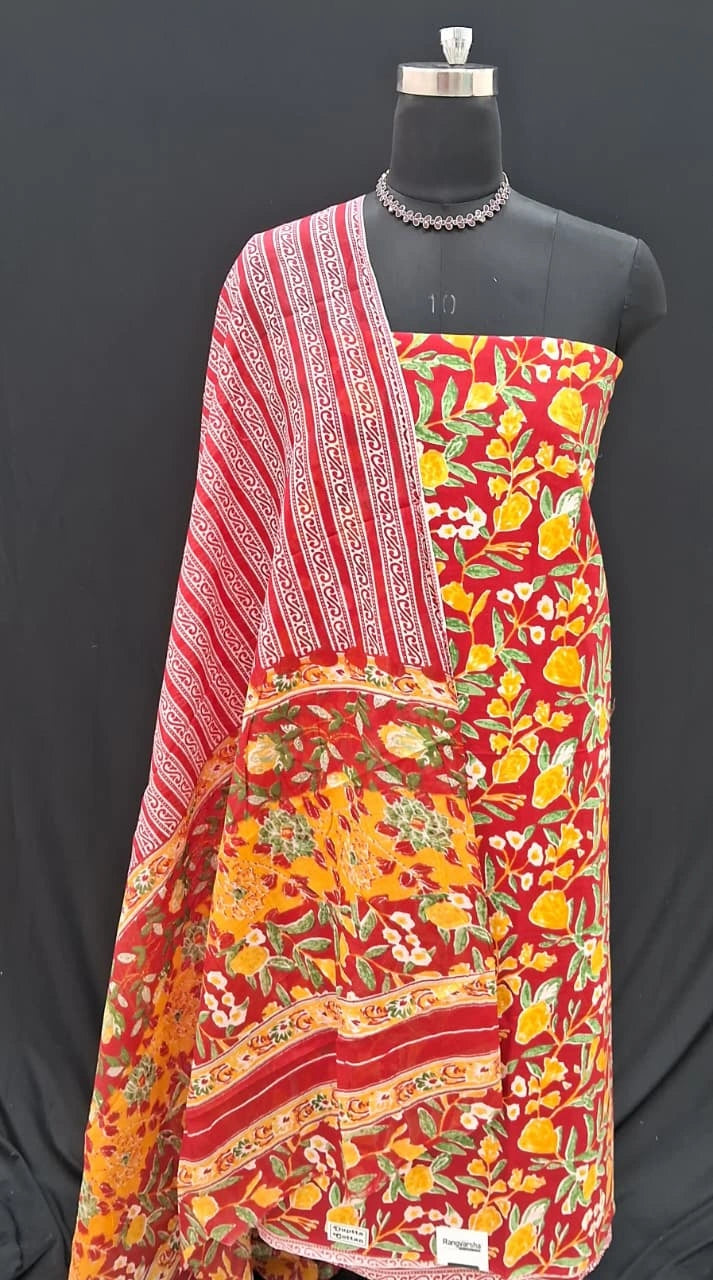 Tomato Red Cotton dress material with Yellow & Green Floral Prints