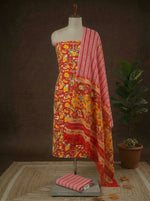 Tomato Red Cotton dress material with Yellow & Green Floral Prints