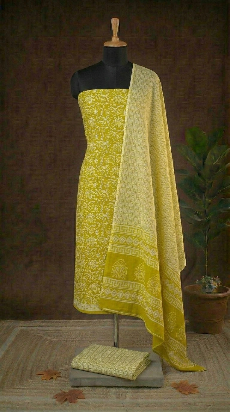 Olive green cotton dress material with white floral prints online